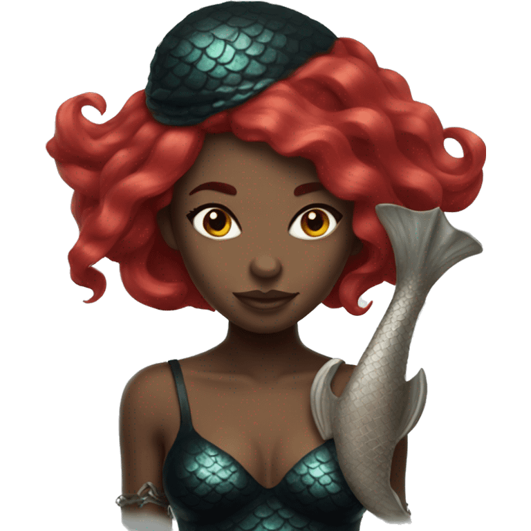 black mermaid with red hair holding skull emoji