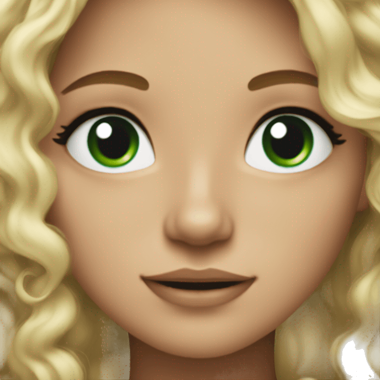 Blonde girl with dark green eyes and curly wavy long hair and a black jumper emoji