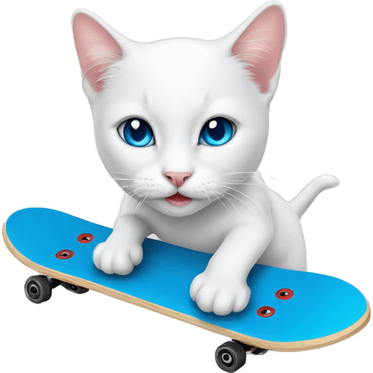 white kitty with blue eye, skate bord emoji