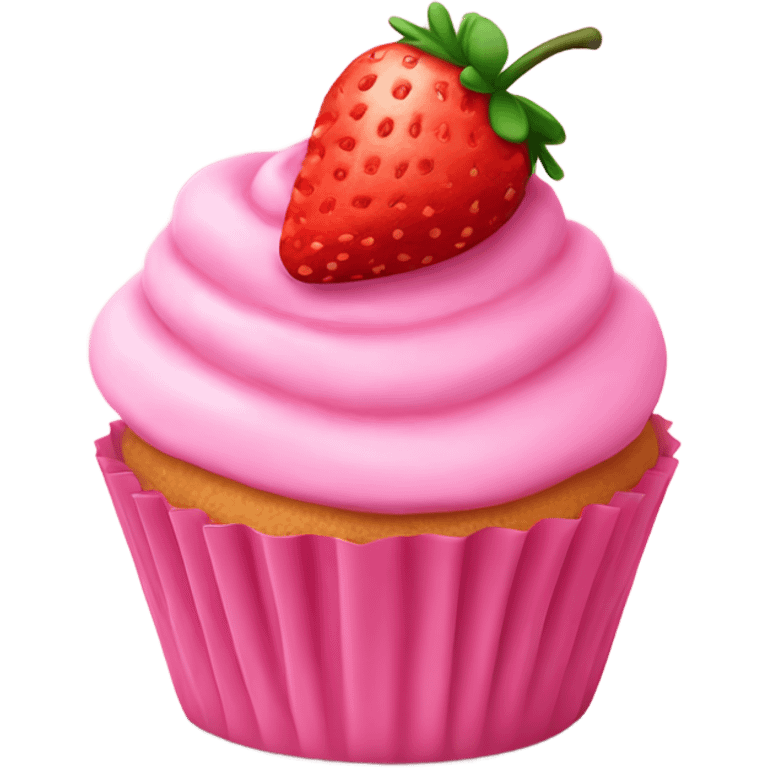 Pink cupcake with pink icing with strawberry on top emoji