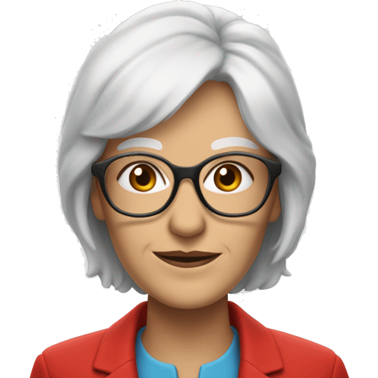 Older woman with blue eyes and white hair with side bangs and a red blazer and glasses emoji