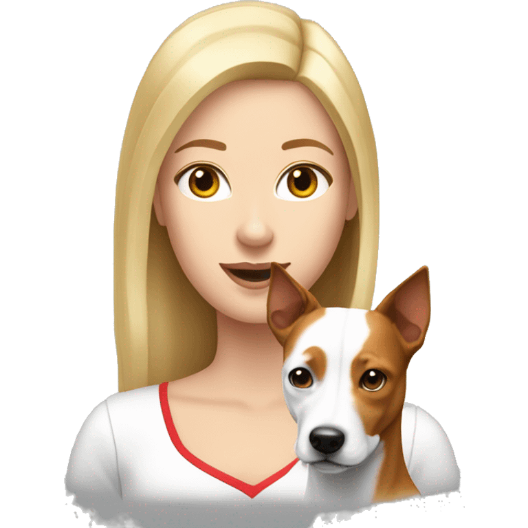 a white blonde girl and a red and white basenji dog emoji