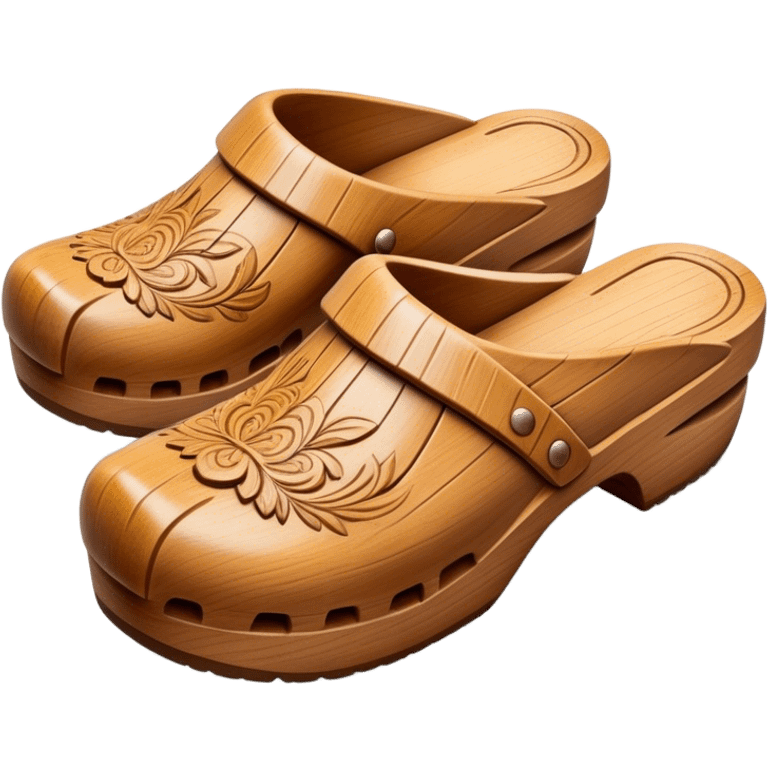 Cinematic Realistic Wooden Clogs Emoji, depicted as a pair of traditionally carved wooden clogs with intricate details and rustic charm. emoji