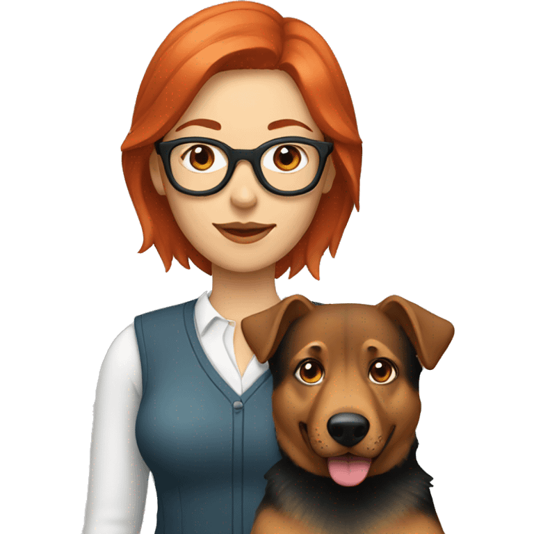 woman with red hair wearing glasses with german shepherd dog emoji