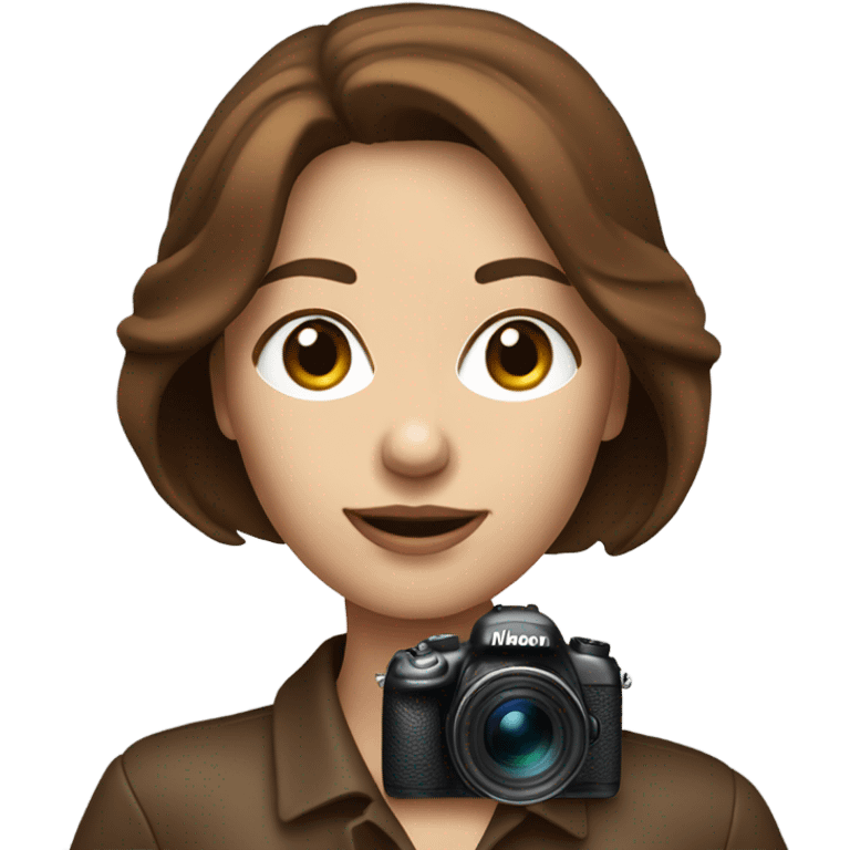 Portrait of stylish woman with blue eyes and brown bob hair holding a nikon camera emoji