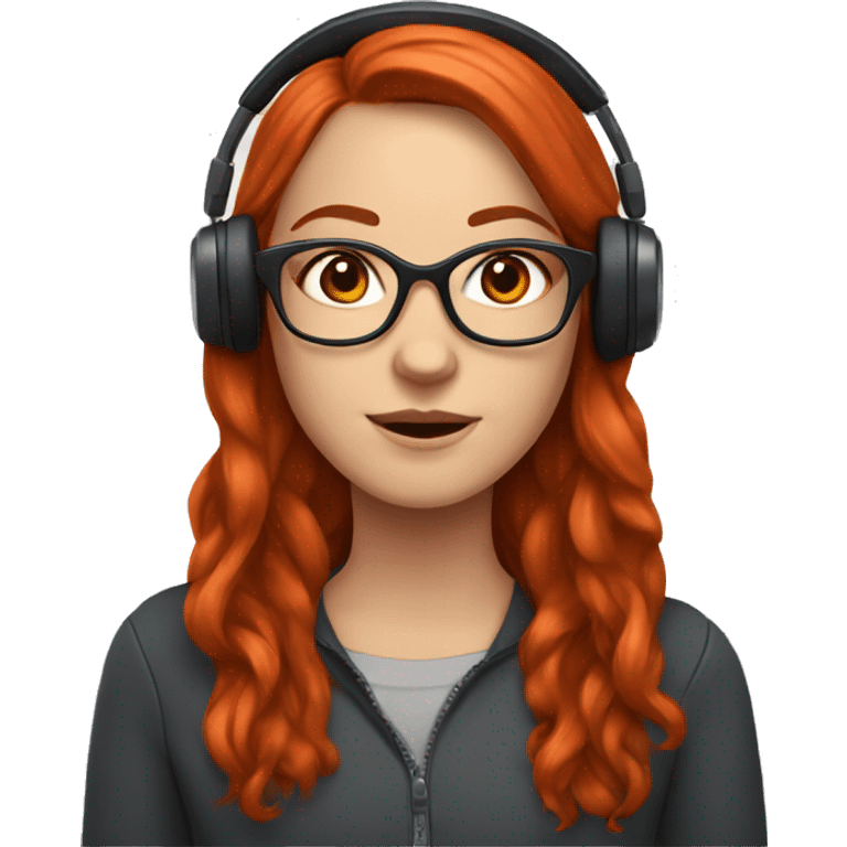 white girl, with long red red hair, square glasses, wearing headset emoji