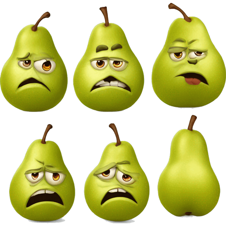 old grumpy pear, fruit with funny ugly face with wrinkles and big belly emoji