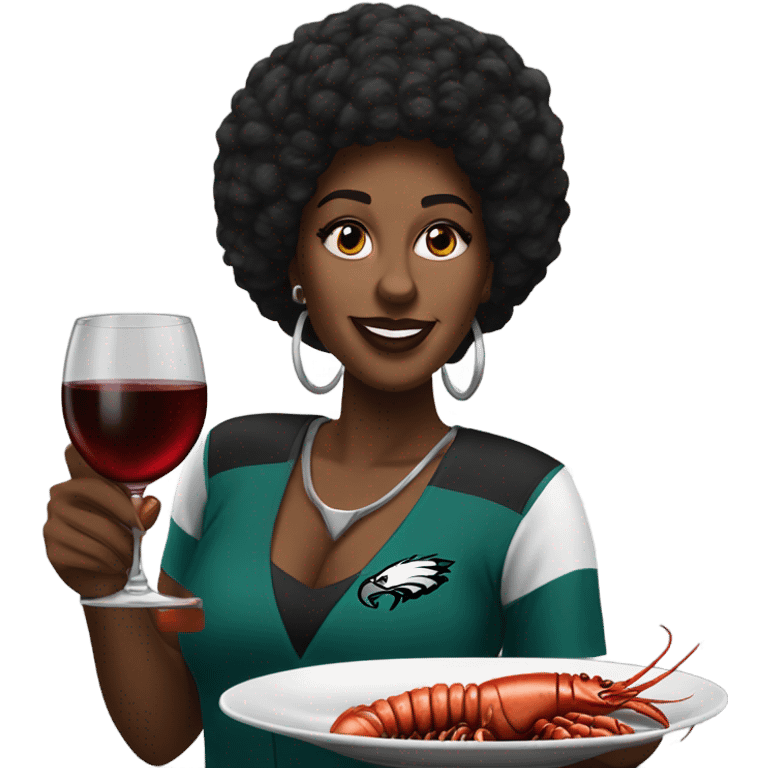 Black woman eating steak and lobster and wine wearing an eagles jersey emoji