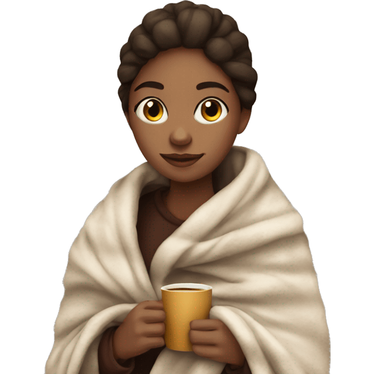 cozy medium skinned girl with coffee and a blanket emoji