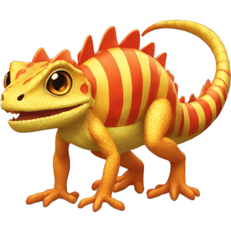 A Yellow Shiny Anthro-Scalie-Lizard-Reptile-Salamandrian-Fakémon with red stripes and orange frills Full Body emoji