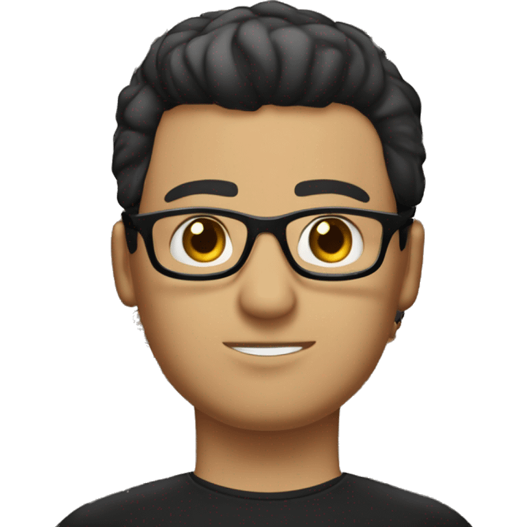 Hombre de piel blanca, cuerpo completo alto, cabello negro corto y liso, ojos color hazel y gafas neras emoji