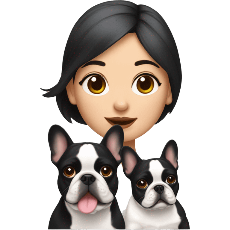 Girl with dark hair and 3 French bulldogs  emoji