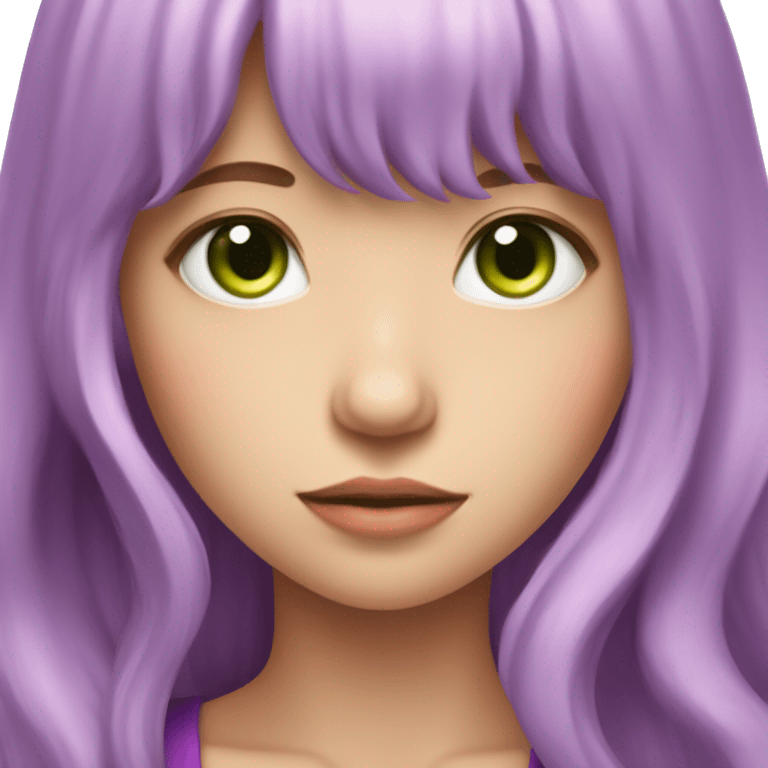 Purple long wavy hair girl with bangs with green eyes and pink dragon horn emoji