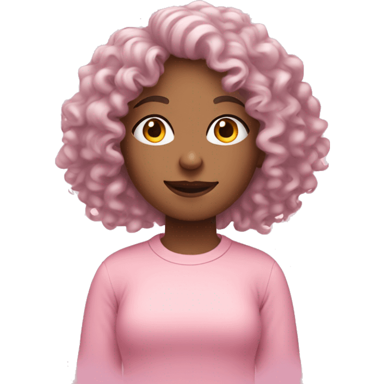 Curly haired girl dressed in pastel pink conducting a Podcast emoji