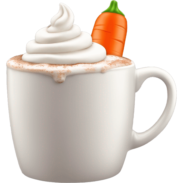 Realistic hot chocolate in pastel color mug with whipped cream on top and a carrot stuck through the whipped cream. emoji