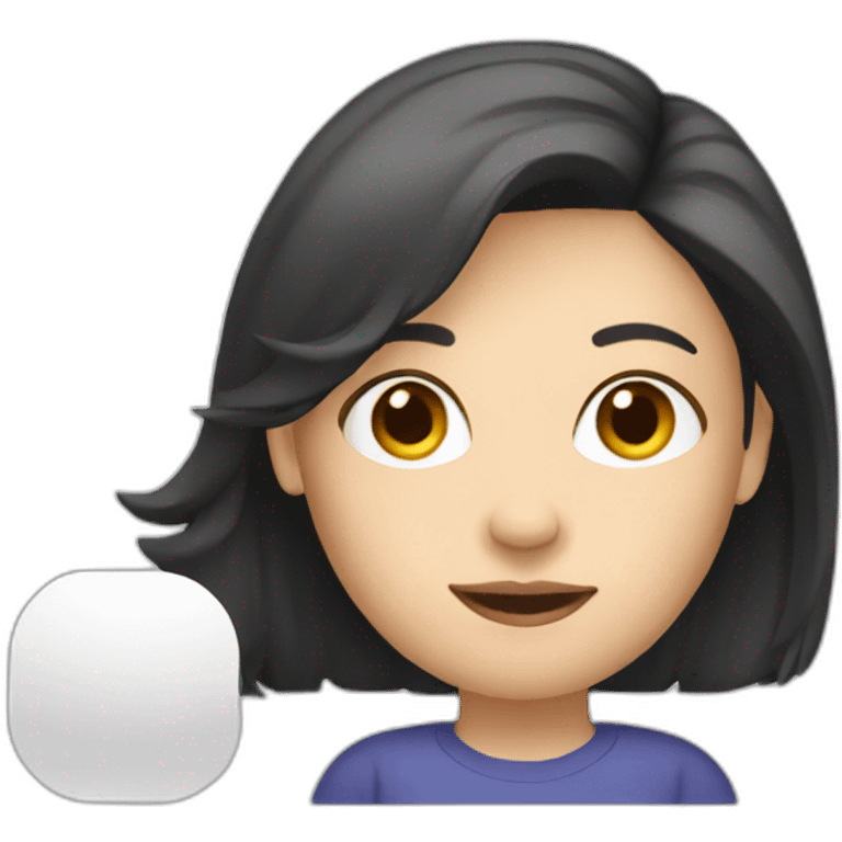 white woman dark hair presenting a slide emoji