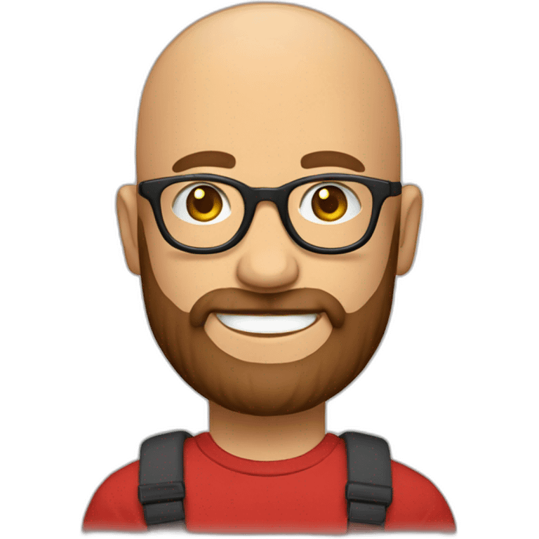 Bald man smiling with glasses and big bushy brown beard with. Wearing red t shirt emoji