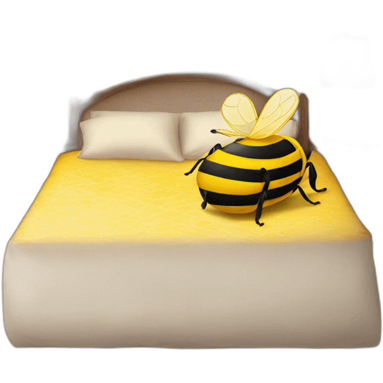 A bed with a giant bee on with a smiley face pillow emoji