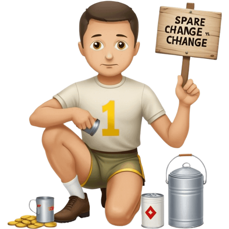 Volodymyr Zelenskyy on his knees with a tin cup and sign begging for “spare change”  emoji