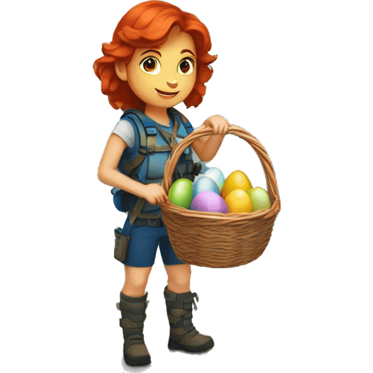 Female mountain climber red hair with Greek flag and holding Easter eggs basket emoji