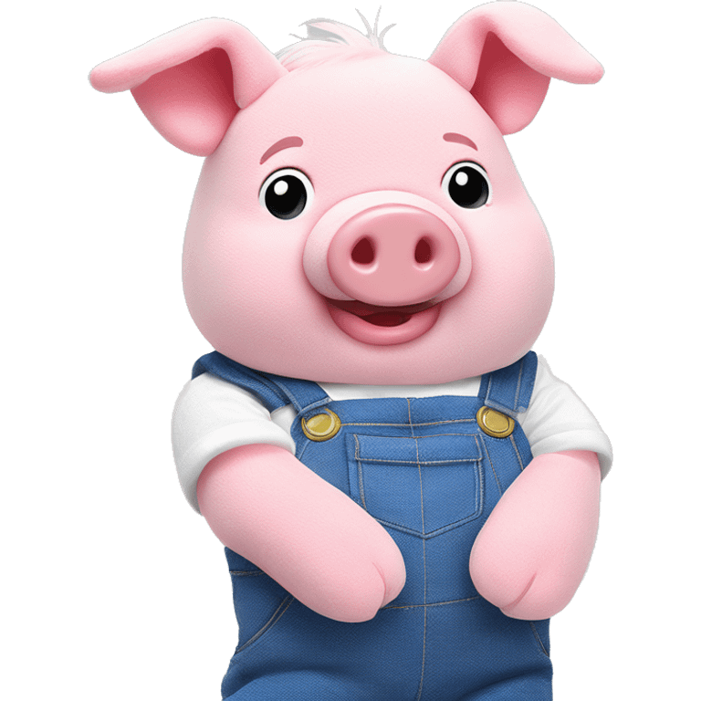 Soft toy pink pig, in blue overalls and white sleeves shirt, soft plush emoji