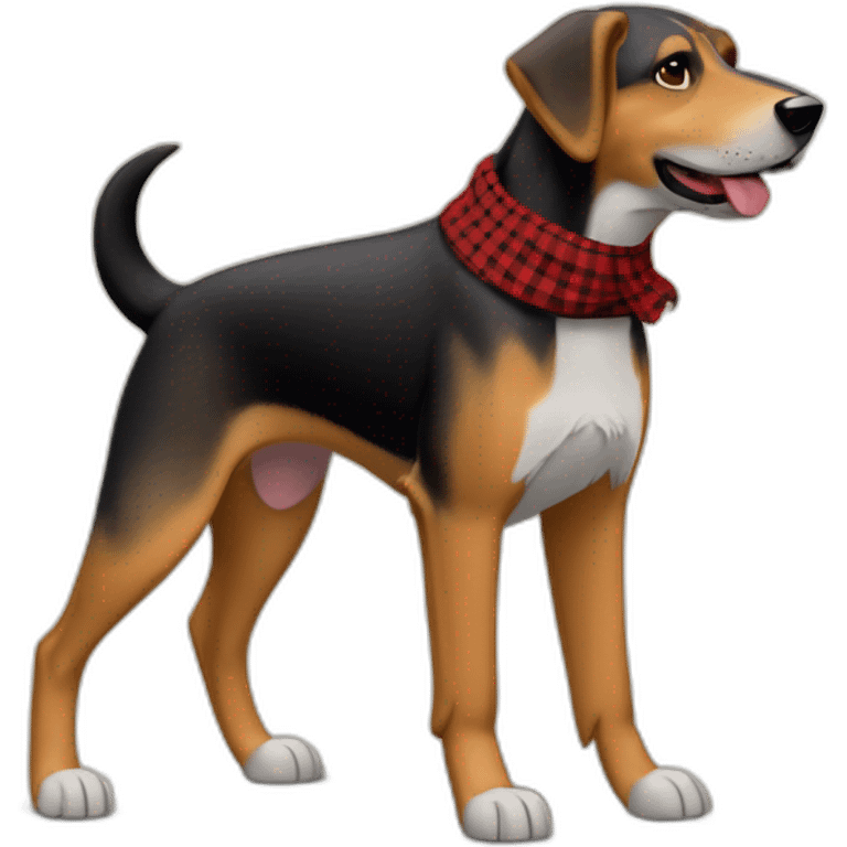 adult 75% Coonhound 25% German Shepherd mix dog with visible tail wearing small pointed red buffalo plaid bandana full body walking left quickly emoji