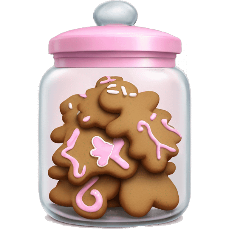 Realistic glass cookie jar with light pink lid full of gingerbread cookies isolated.  emoji