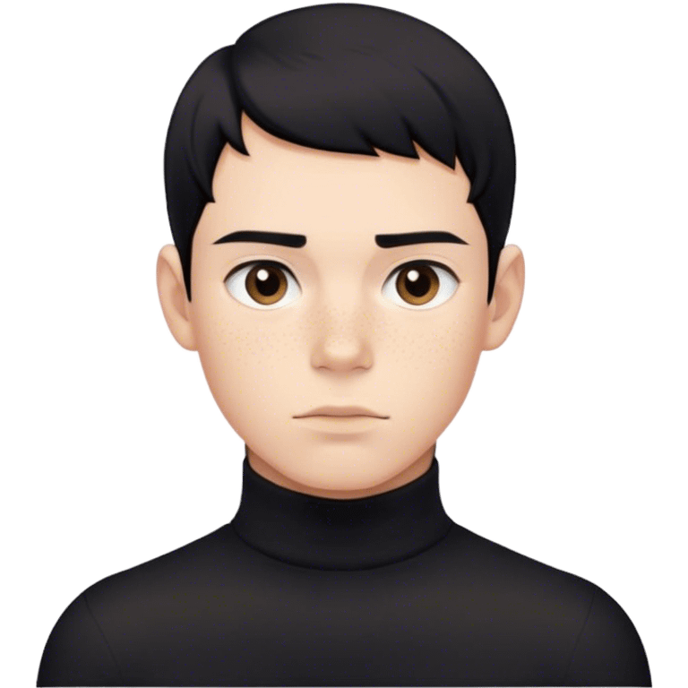 A young man with short, jet-black hair and pale freckles, wearing a sleek black turtleneck, staring blankly at the viewer emoji