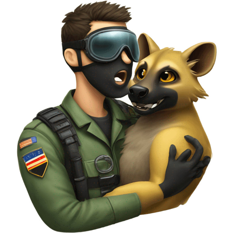 Yellow army Pilot with black mask googles, and then a big hyena kissing kissing him emoji