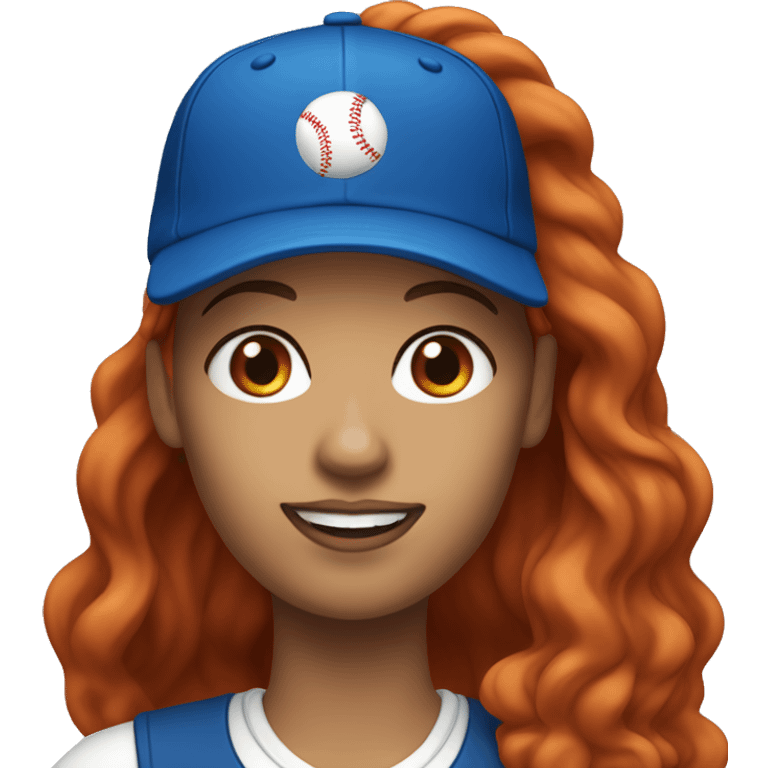 front facing, standing female coach with long red hair, wearing a white t-shirt and a simple blue baseball hat emoji