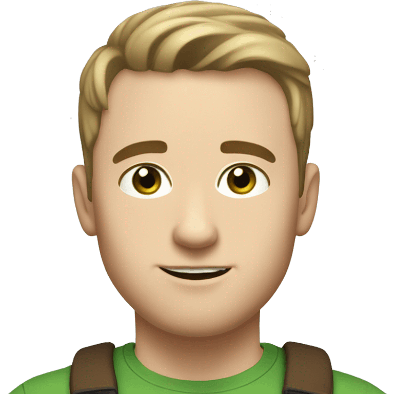 white guy, 30 years old, white skin, round face shape, wide nose, big eyebrows, no beard, very short hair, green eyes, brown hair emoji