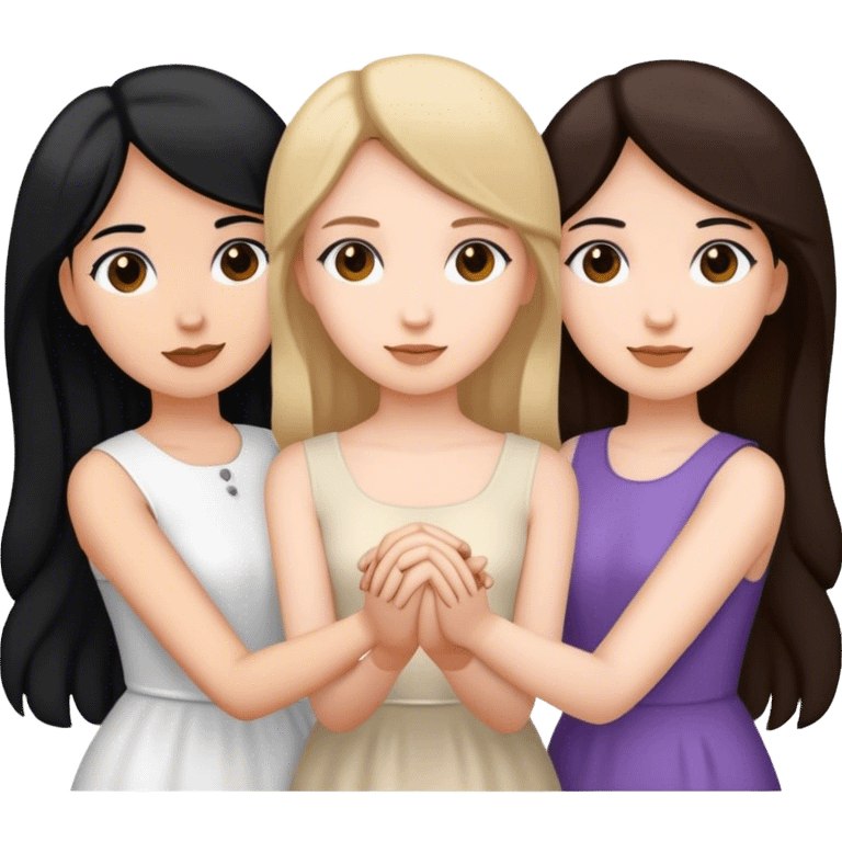 Three women holding hands, two white, one with dark blonde hair, one with black hair, and one with dark brown hair emoji