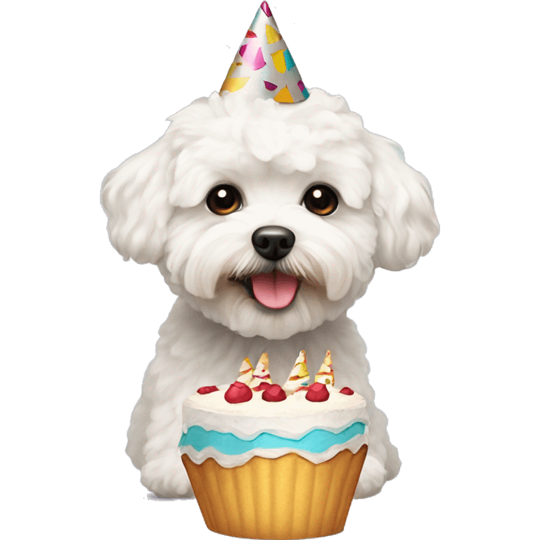 a white maltipoo with party hat and cake emoji