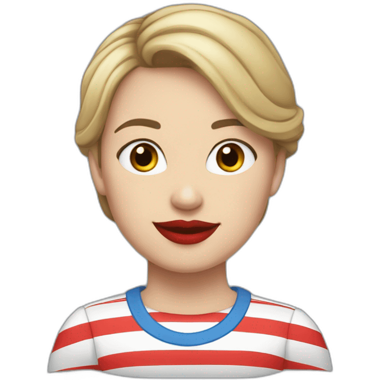 caucasian woman with red lips dark brown hair, bob haircut, braces on teeth, blue and white striped t shirt emoji