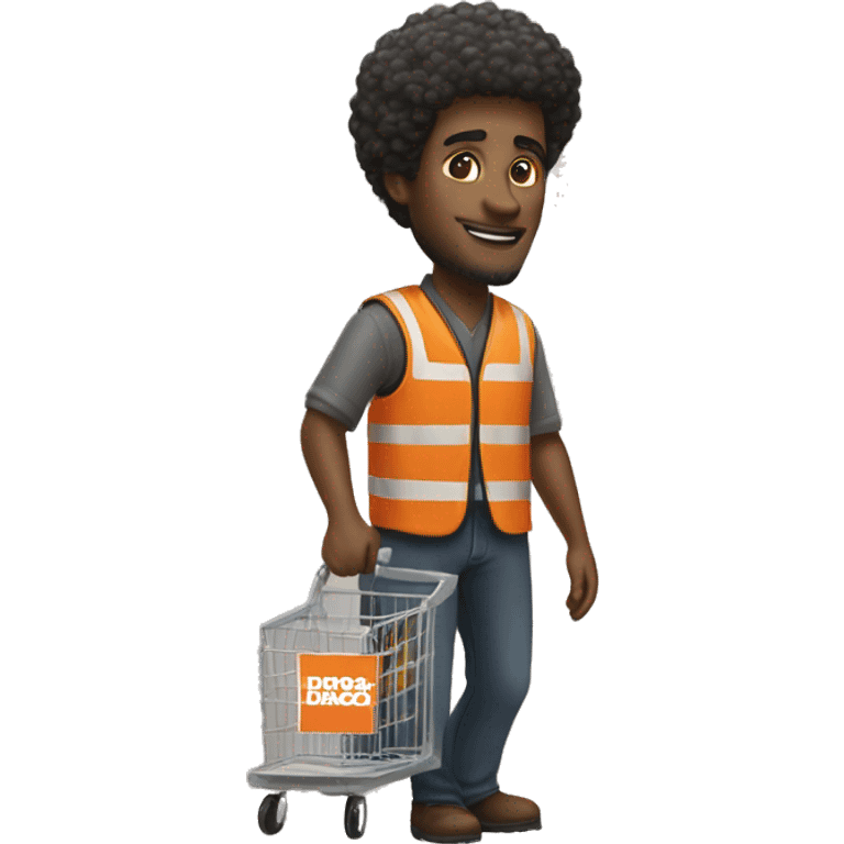 Black Male with Small Afro from Home Depot wearing orange pro loader vest pushing orange home depot carts emoji