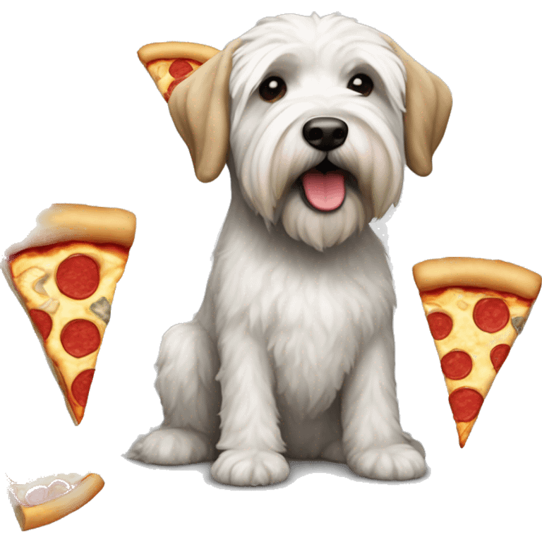 a white and gray soft coated wheaten terrier dog eating pizza emoji