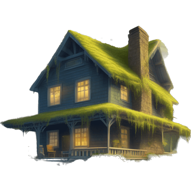  very very big Cabin near a big tree.  Thick moss growing on the roofs. The cabin thick grass fields. porch lights turned off. bright white interior lights turned on. guests sitting in chairs on the porch, flowers and bushes yellow and blue, near Scooby  emoji