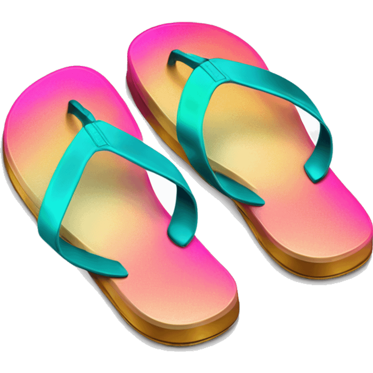 Realistic metallic gold ,hot pink and dark turquoise gradient pair of summer flip flops isolated. emoji