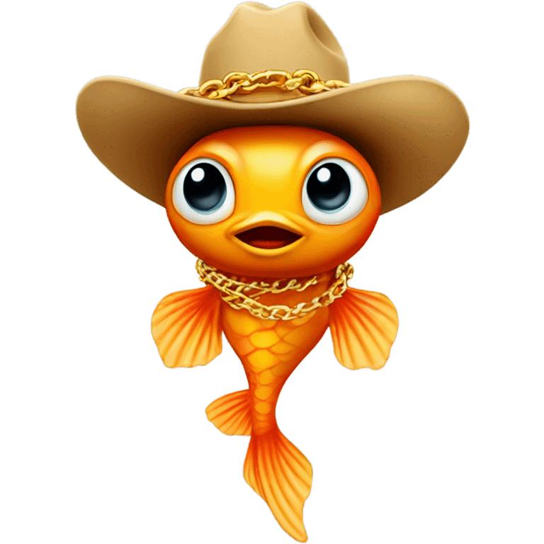 Alien wearing a cowboy hat and wearing a huge gold chain of a goldfish emoji