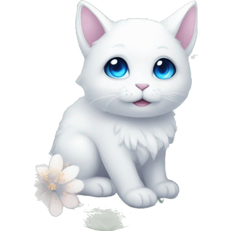 Edgy Cute Cool Kawaii gorgeous sparkly ethereal white fantasy animal with blue eyes sona with flowers and butterflies emoji