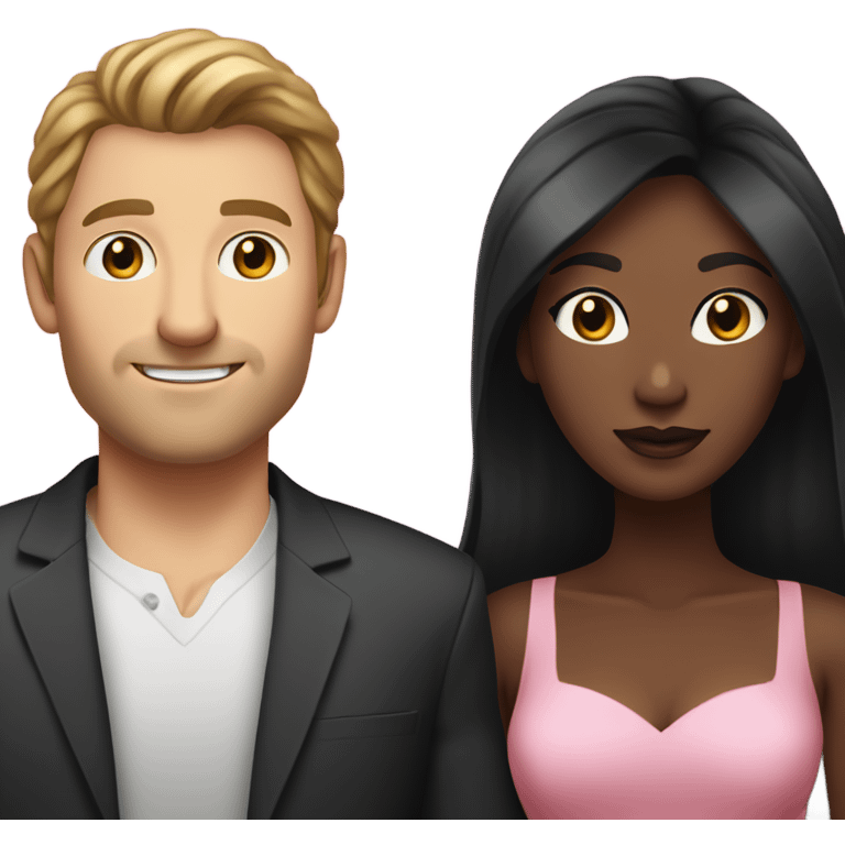 A handsome white man with long hair that is brown and a pretty black woman who has long black hair and she is wearing a pink dress and they are a couple emoji