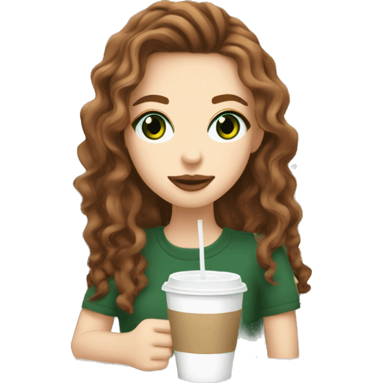 aesthetic white girl with brown wavy hair and green eyes sipping an iced americano in a cute coffee shop  emoji