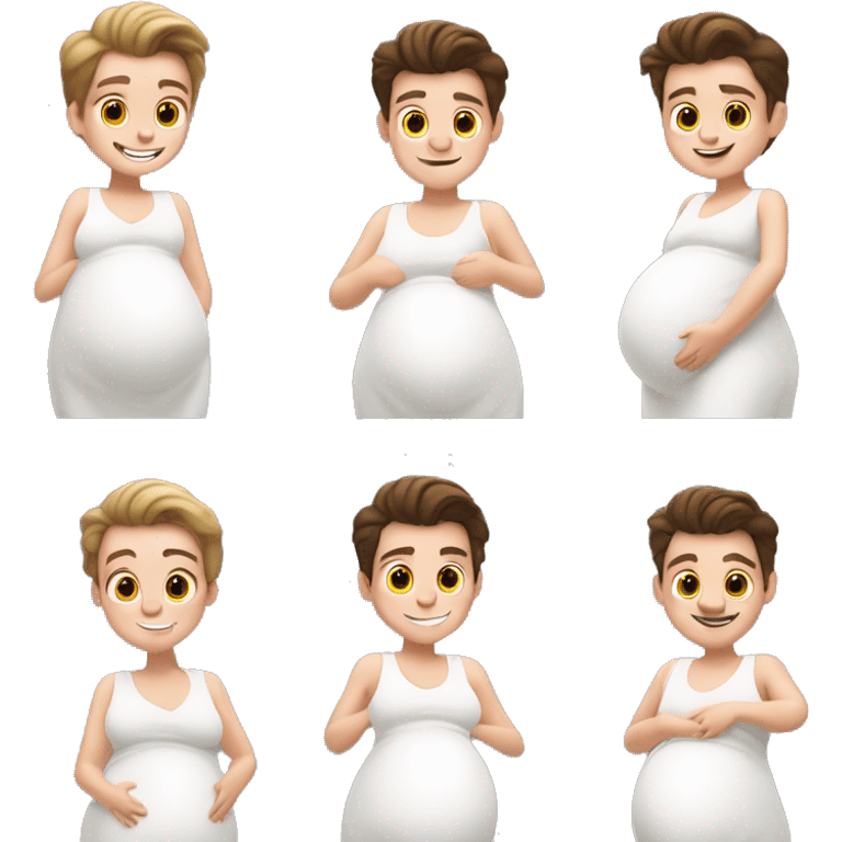 1boy tom holland very short hair wearing a white maternity dress flat chest pregnant big belly holding his belly smiling male cute emoji