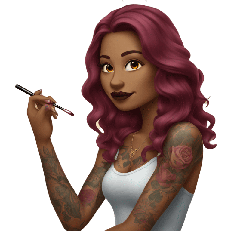 Beautiful tattooed burgundy long haired woman doing her makeup emoji