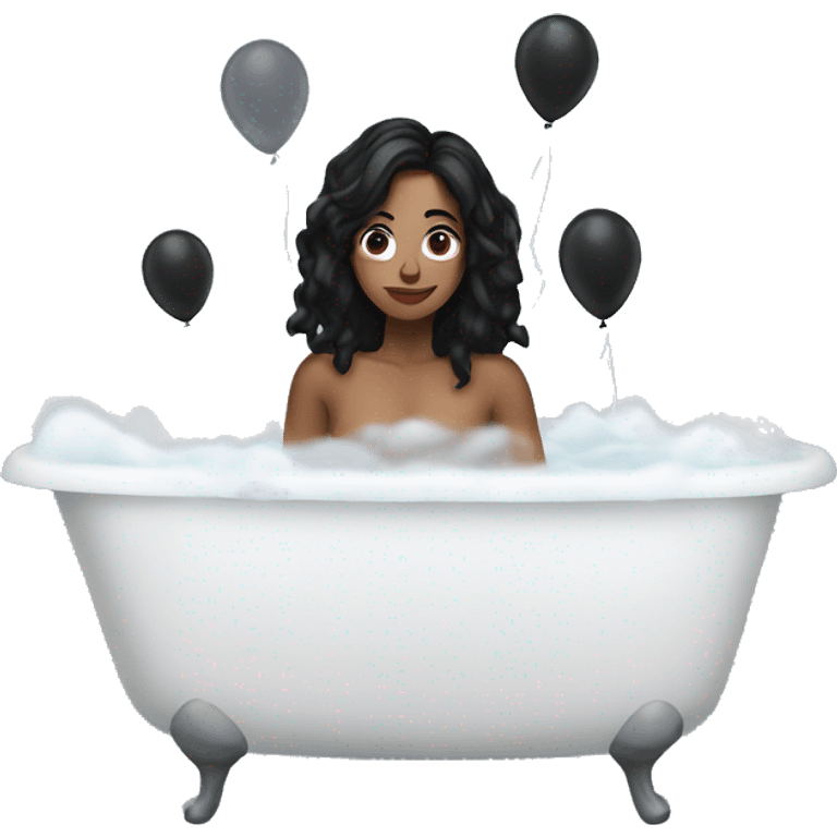 a woman with black hair in Bathtub black balloons around her  emoji