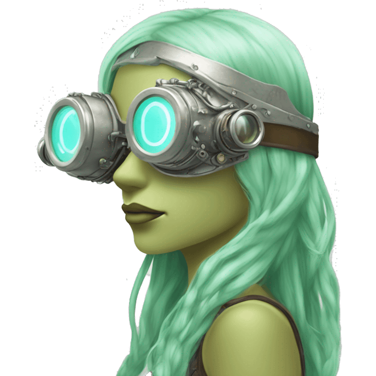 Pastel green long haired female cyborg head with silver steampunk goggles emoji