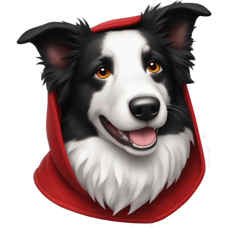 Black and white Border Collie wearing a red velvet hood with white fur trim. emoji