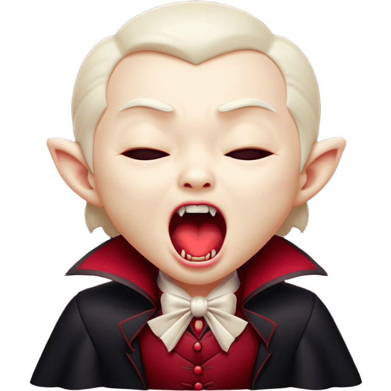 Cinematic Cute Yawning Vampire Portrait Emoji, with a small, rounded, charming pale face accented with tiny playful fangs and droopy, half-closed eyes, head tilted in an adorable wide yawn, dressed in miniature elegant dark attire with a hint of crimson, simplified yet irresistibly endearing, highly detailed with a soft, mysterious glow and gentle outline that captures the cute, drowsy side of an immortal! emoji