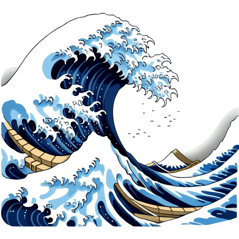 Cinematic Realistic Great Wave off Kanagawa, depicted as a colossal, crashing wave with dynamic blue hues and frothy white crests, rendered with intricate textures and fluid motion that captures both the timeless power and poetic beauty of the iconic Japanese artwork emoji