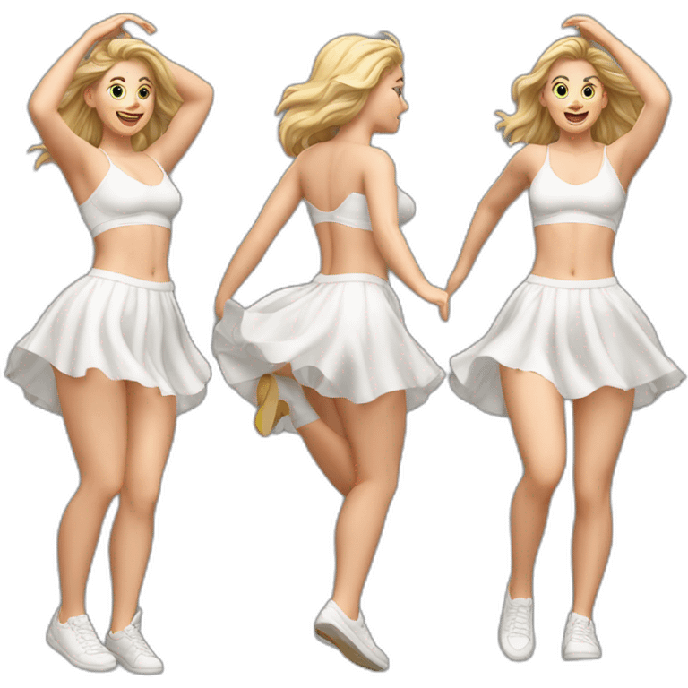 Hyperrealistic Full body Caucasian curvy beauty jumping short white skirt back and front views strong wind knickers emoji